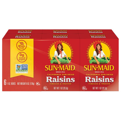 Sun-Maid dried fruit bundle with California Sun-Dried Raisins 32 oz and mixed berries 15 oz in resealable bags on a white background.