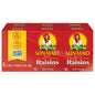 Sun-Maid California Sun-Dried Raisins in snack-size box, part of fruit gift basket, showcasing dried raisins with branding.