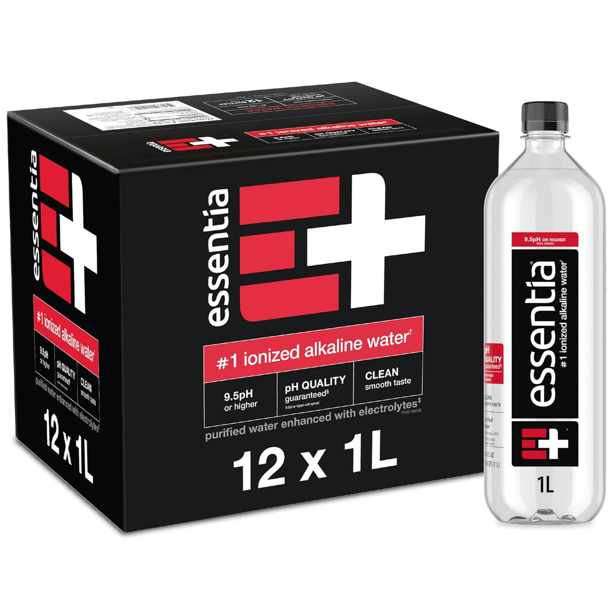 Essentia Ionized Alkaline Water 20oz bottles, pH 9.5+ and 99.9% pure, arranged in a pack of 24 bottles.