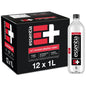 Six bottles of Essentia Water ionized alkaline water, 33.8 fl oz each, with clear labels and blue caps on a plain background.