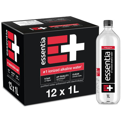 Bottles of Essentia Ionized Alkaline Water with 9.5+ pH, 12-pack of 1-liter bottles, clear water in transparent packaging