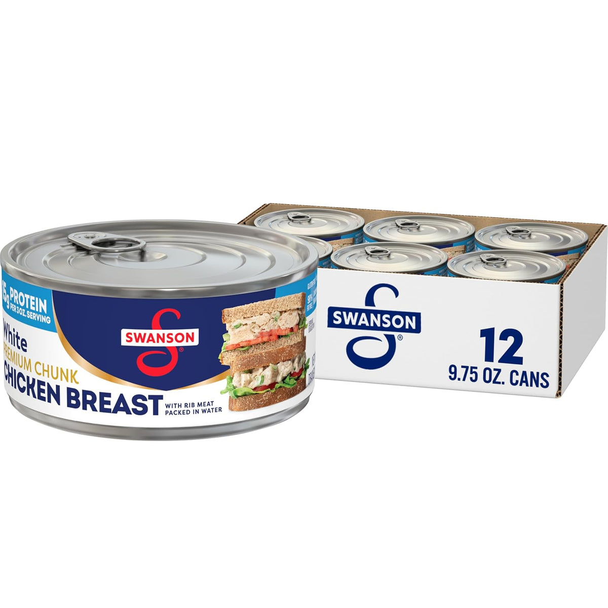 Canned Swanson White Premium Chunk Chicken in Water, 4 cans of 2.4 oz each, showing the product packaging in a grocery setting.