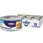Canned Swanson White Premium Chunk Chicken in Water, 4 cans of 2.4 oz each, showing the product packaging in a grocery setting.