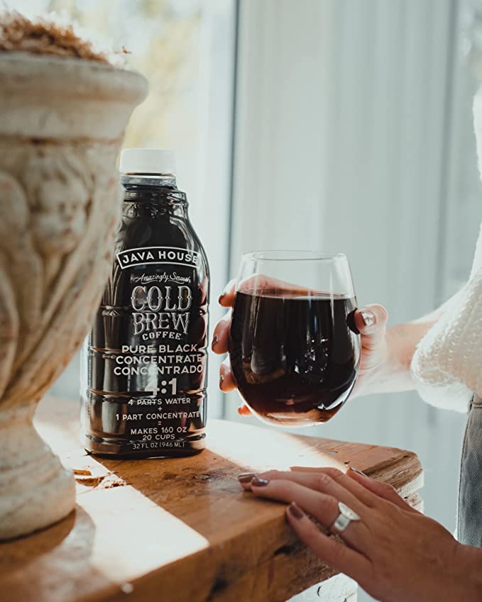 Java House Cold Brew Concentrate bottle with label, 71 oz size, showcasing dark coffee liquid in a clear container.