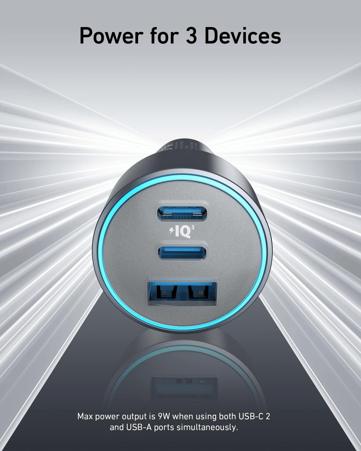 Anker 535 Car Charger with 67W power output, compact design, and multiple USB ports for fast device charging in a vehicle.
