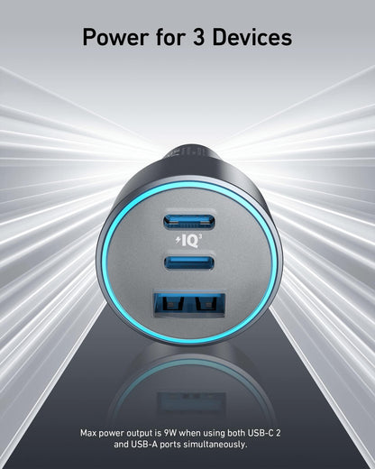 Anker 535 Car Charger with 67W power output, compact design, and multiple USB ports for fast device charging in a vehicle.