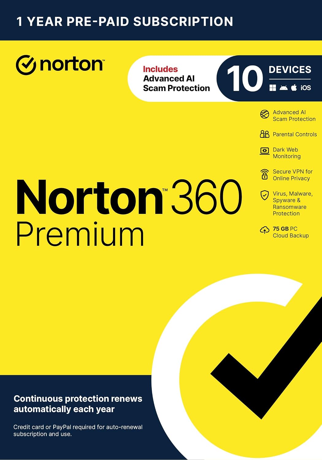 Norton 360 Premium 2027 antivirus software box with 10-device coverage and download option, featuring Norton branding.