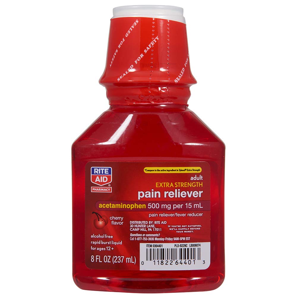 BackupMyFilesNow® Rite Aid Extra Strength Cherry Pain Reliever 8 oz bottle with cherry-flavored liquid medicine.