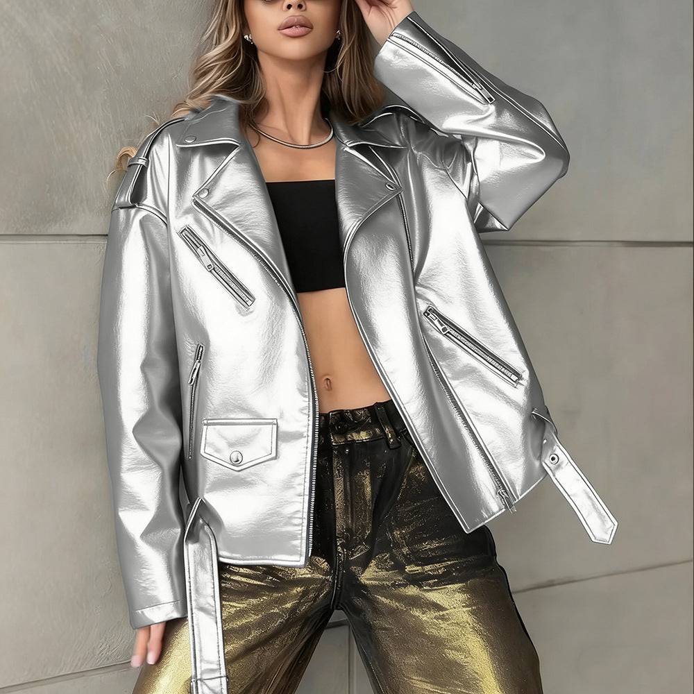 Women's leather biker jacket in a relaxed boyfriend-style silhouette with asymmetrical zip and lapel collar