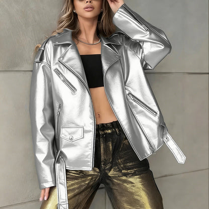 Women's leather biker jacket in a relaxed boyfriend-style silhouette with asymmetrical zip and lapel collar