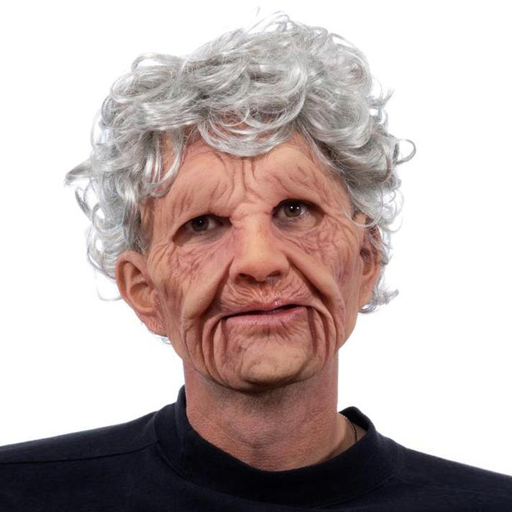 Old man Halloween mask with white hair and beard headgear, realistic face design