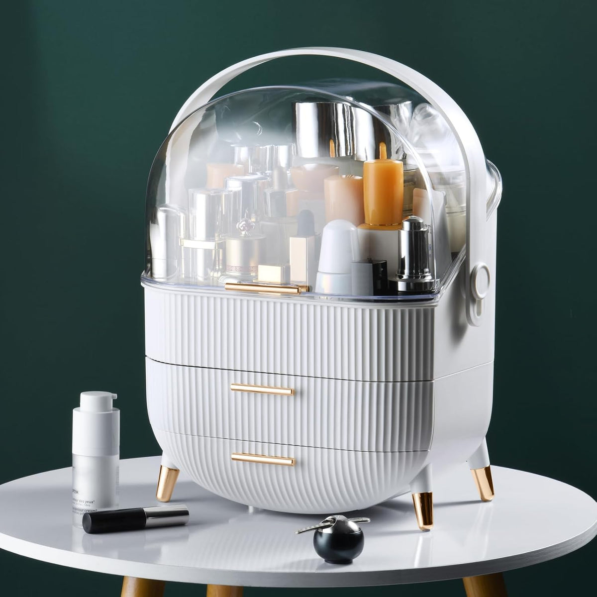 Makeup and skincare organizer with 2 drawers and transparent cover for vanity or bathroom countertop storage