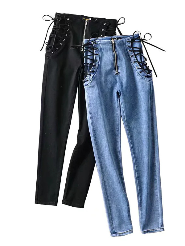 BackUpMyFilesNow® chic high waist denim jeans with classic blue wash and stylish fit, shown on a model.