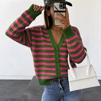 Women's contrasting-color striped knitted V-neck coat by My Store