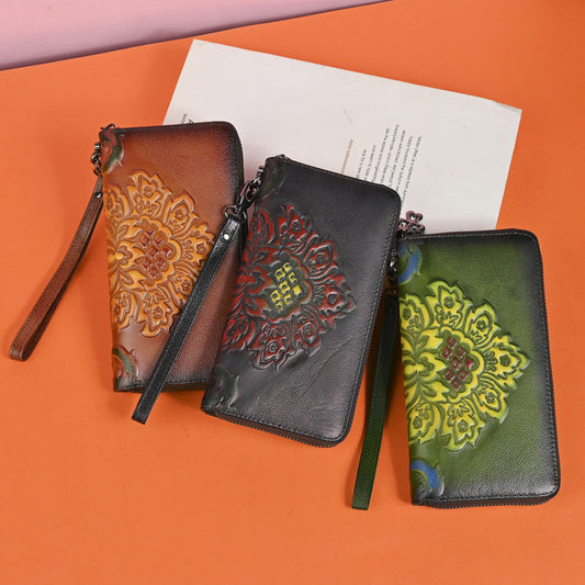 Genuine leather long wallet with zipper, printed hand-painted clutch handbag by My Store