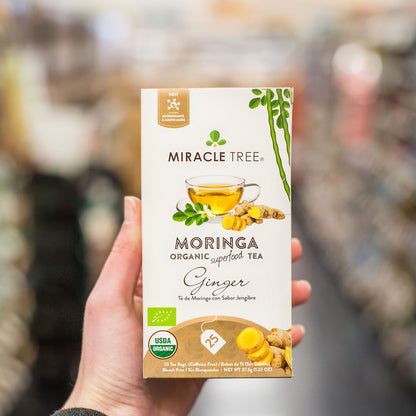 Organic Moringa Tea with ginger from Miracle Tree, caffeine-free herbal tea in a tea bag.
