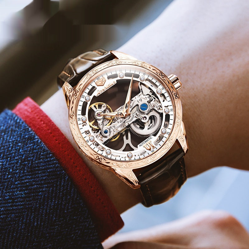 Openwork mechanical watch for men with visible movement and waterproof leather strap