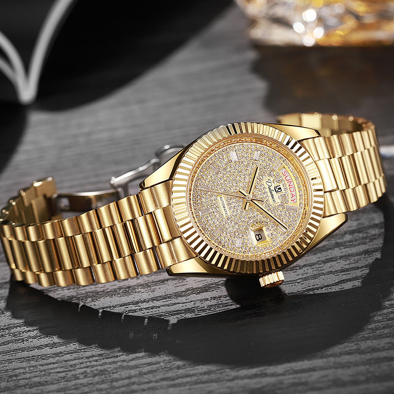 Dual-calendar automatic mechanical men's watch with date and day display on a classic analog dial