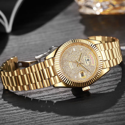 Dual-calendar automatic mechanical men's watch with date and day display on a classic analog dial