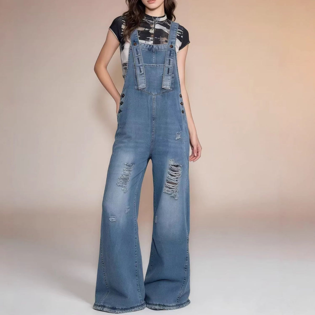 Women's retro loose-fit wide-leg denim overalls by My Store