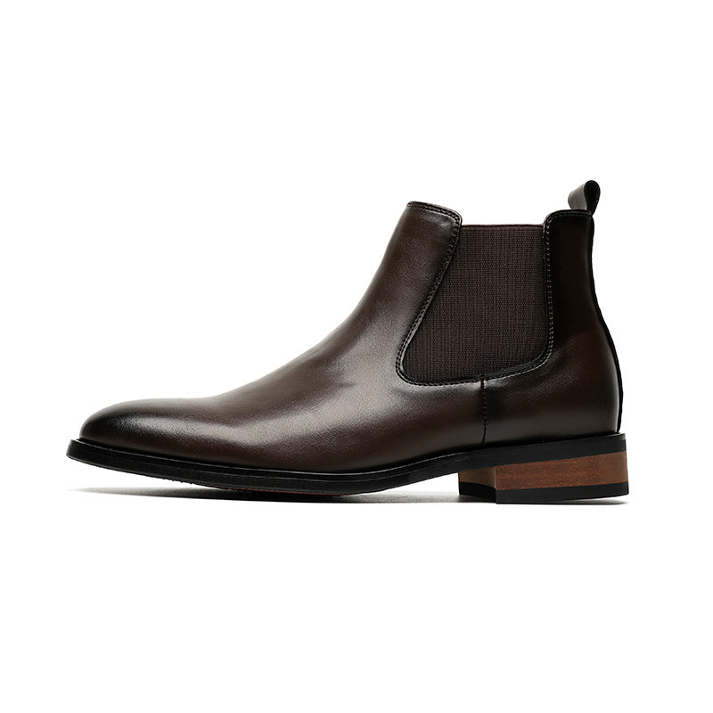 Men's black high-top pointed-toe leather boots, side view