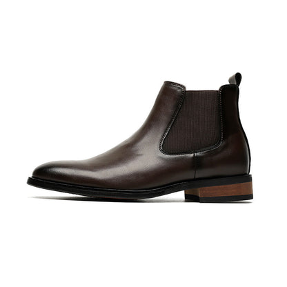 Men's black high-top pointed-toe leather boots, side view