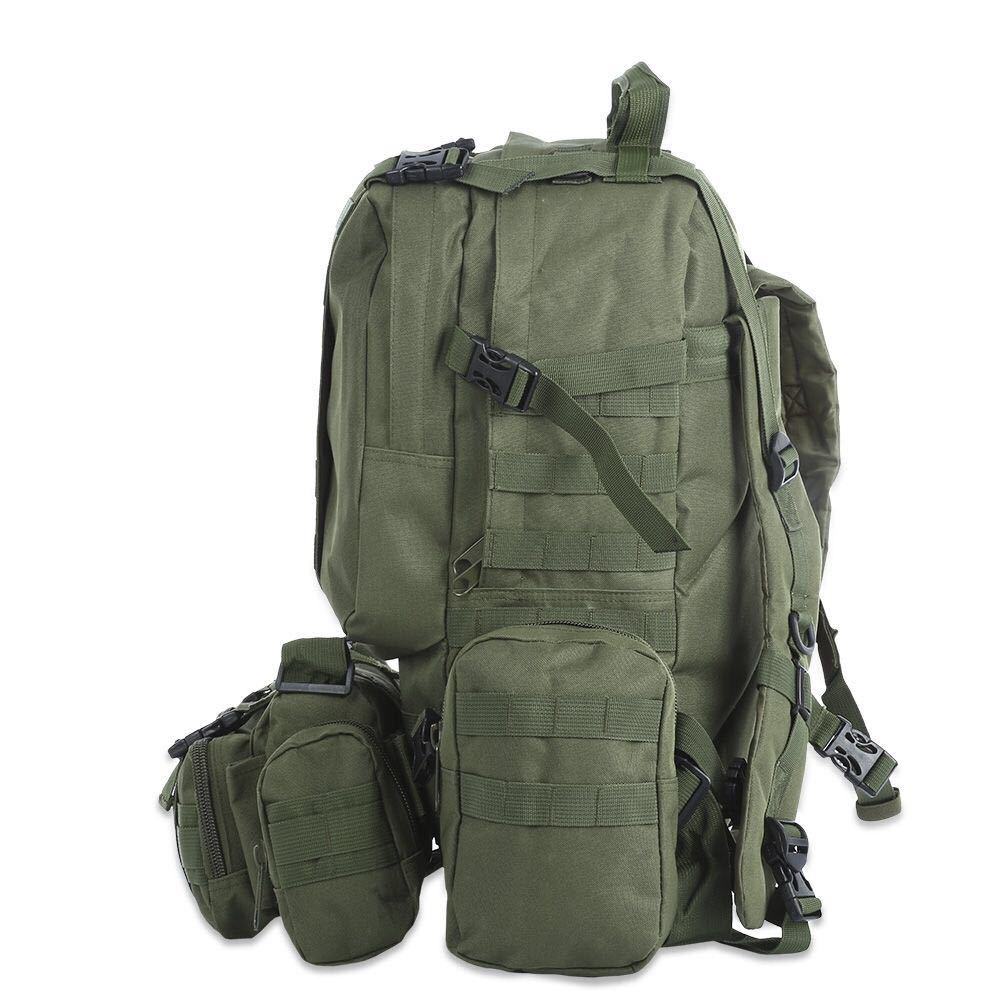 50L outdoor MOLLE military tactical backpack in black with multiple compartments for camping, hiking, and travel