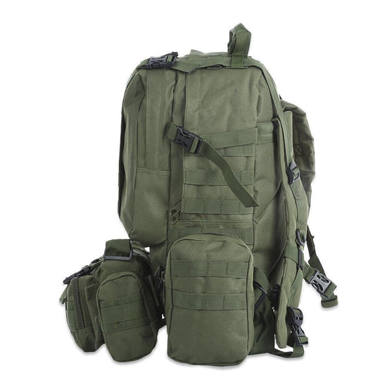 50L outdoor MOLLE military tactical backpack in black with multiple compartments for camping, hiking, and travel