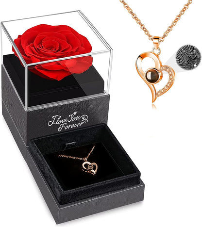 Preserved real rose with "I Love You" necklace, romantic floral jewelry from BACKUPMYFILESNOW.COM® in a close-up view.