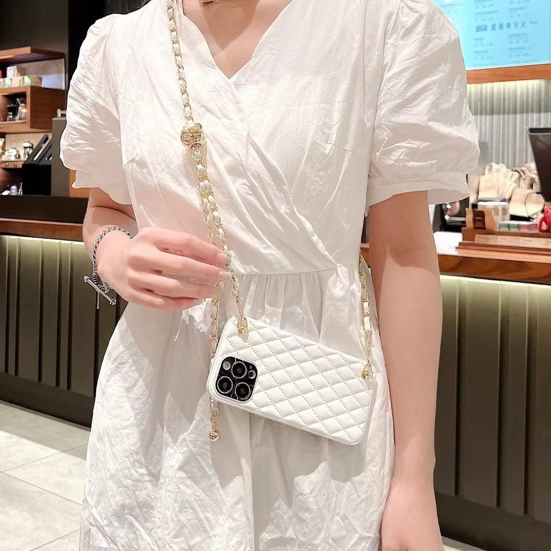 Diamond plaid crossbody phone case protective sleeve with strap, showing textured pattern and phone compartment