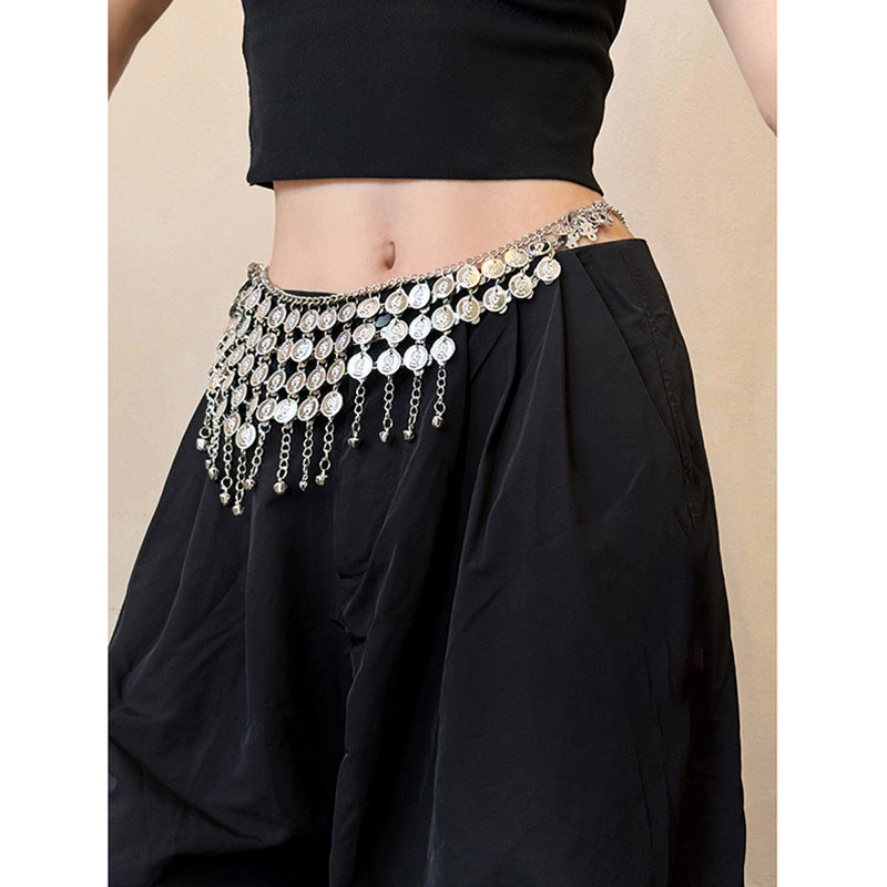 Fashion tassel bell waist chain for women, versatile gold-tone accessory with dangling tassels and bells