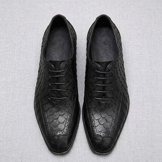 Men's business formal leather shoes with dragon-scale pattern, British style, side view