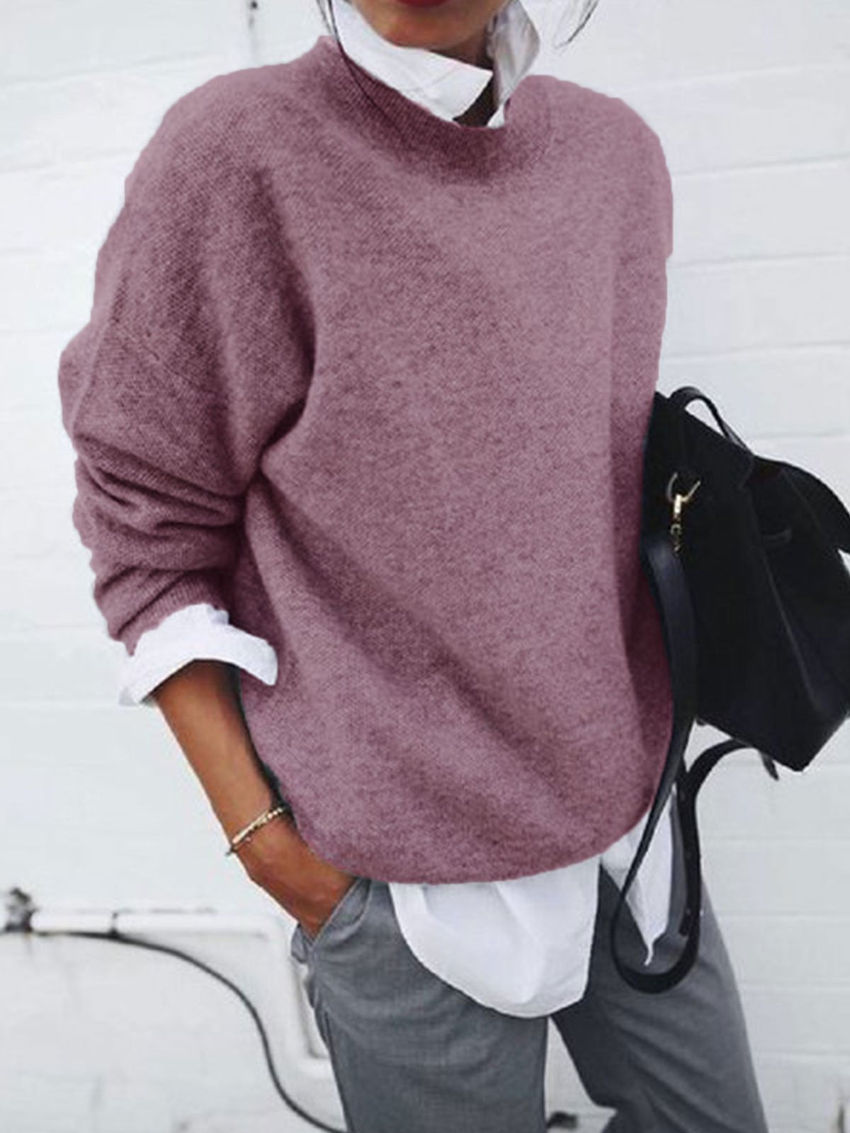 Women's solid color long sleeve knitted pullover sweater for fall and winter fashion