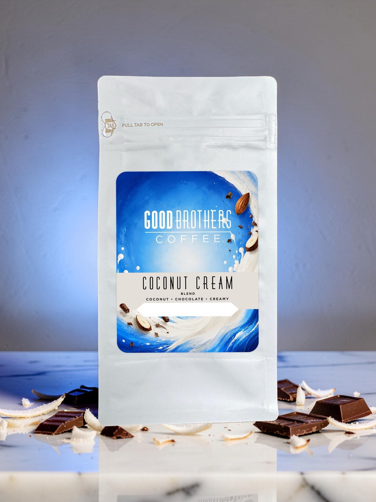 Roasted coffee blend with coconut cream flavor from Good Brothers Coffee LLC, showing a bag of Coconut Cream Blend coffee beans.