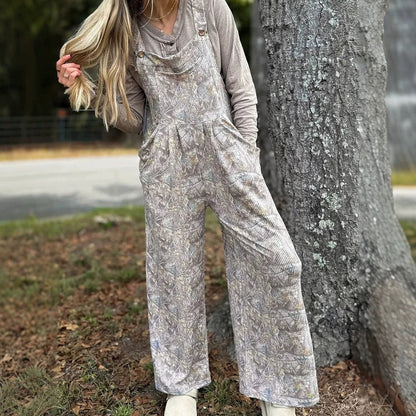 High-waisted camo-print jumpsuit with pockets, front view