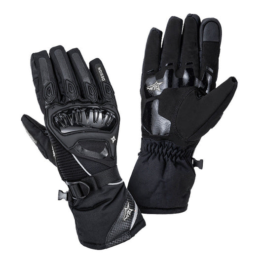Winter touchscreen motorcycle gloves for outdoor use, designed to keep hands warm on the handlebars