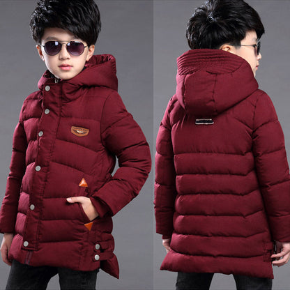Boy's hooded padded jacket by My Store, showing its quilted design and attached hood