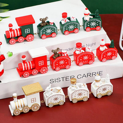 Wooden Christmas train decorations displayed with festive holiday details