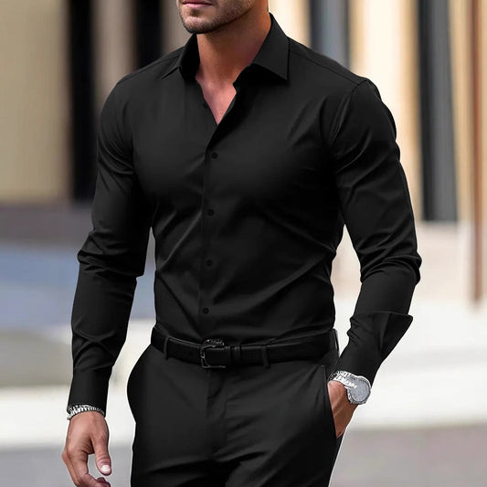 Men's summer solid color business button-down shirt with long sleeves and lapel collar