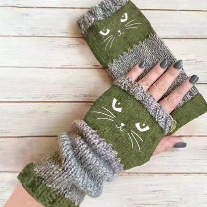 Stylish warm autumn and winter patchwork embroidered gloves on a neutral background