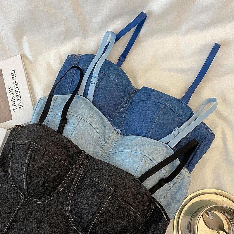 Retro distressed denim small vest camisole base top in blue denim.