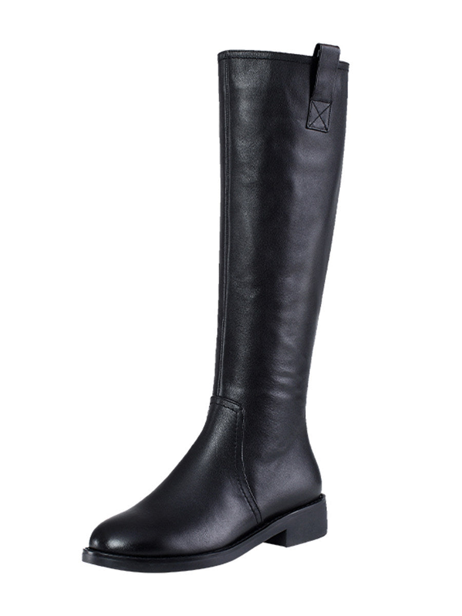 Genuine leather tall biker boots for petite women with warm fleece lining