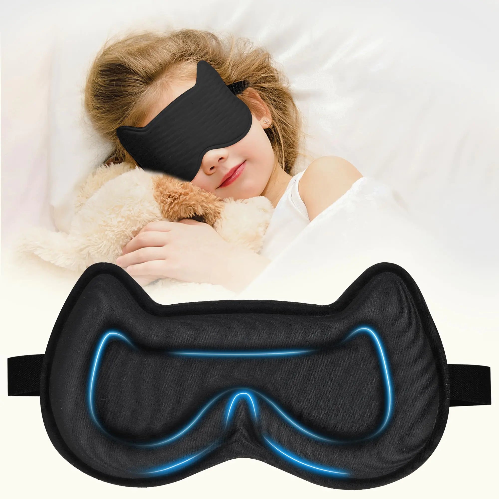 Kids Sleep Mask Eye Mask: 3D Contoured Cup Sleeping Mask Blindfold with Adjustable Strap Kids Eye Cover for Boys Girls Teens Pressure-Free with Memory Foam Face Mask for Sleeping (Black)