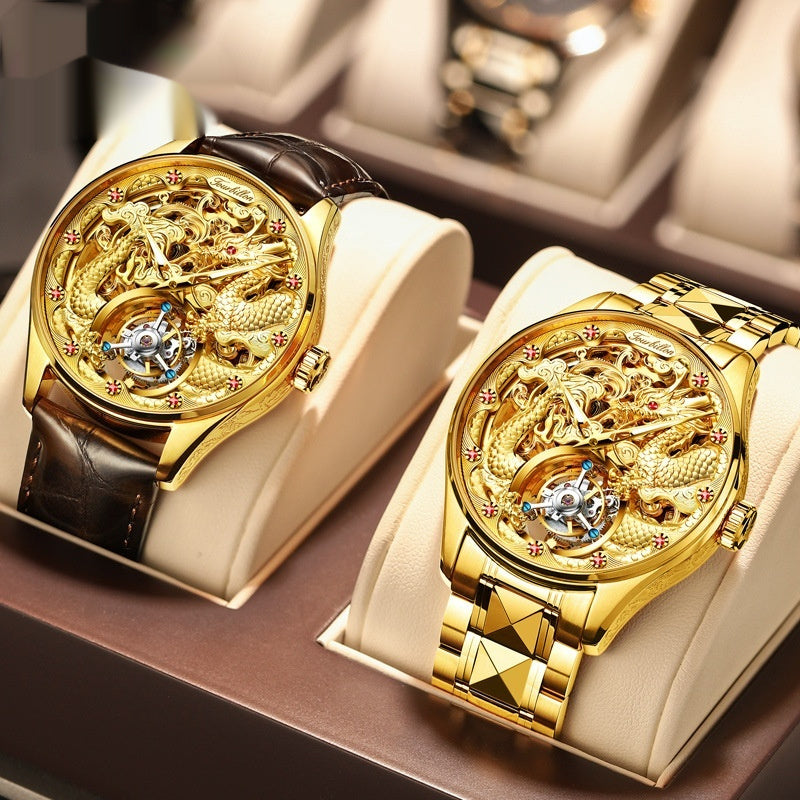 Men's water-resistant mechanical watch with hollowed-out dial and stainless steel strap