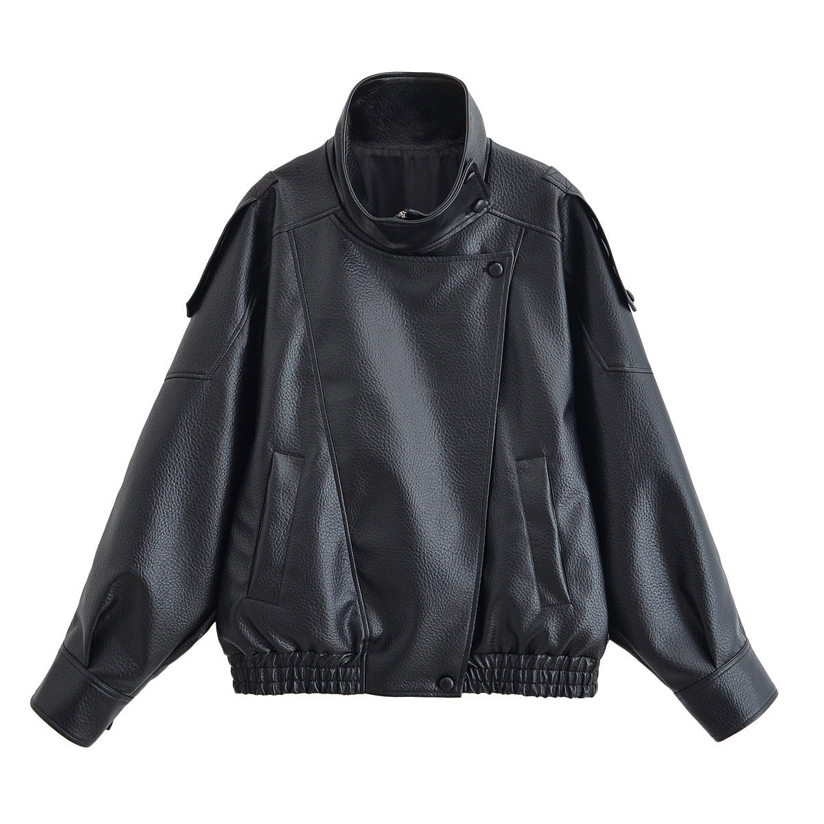 Women's graceful stand collar litchi leather jacket in textured finish