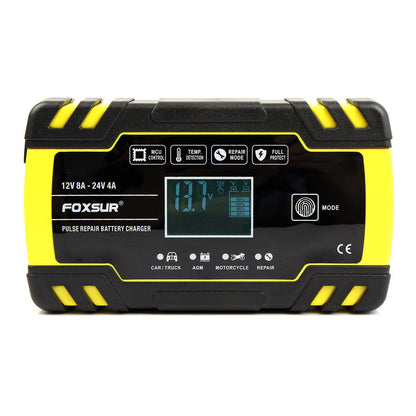 Motorcycle pulse battery charger by My Store in compact black casing with charging cables