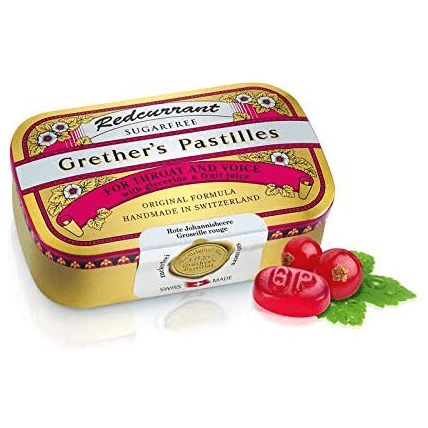 Grether's Pastilles Red Currant sugarfree lozenges in a 3.75 oz package, featuring red currant flavor and 44 lozenges.