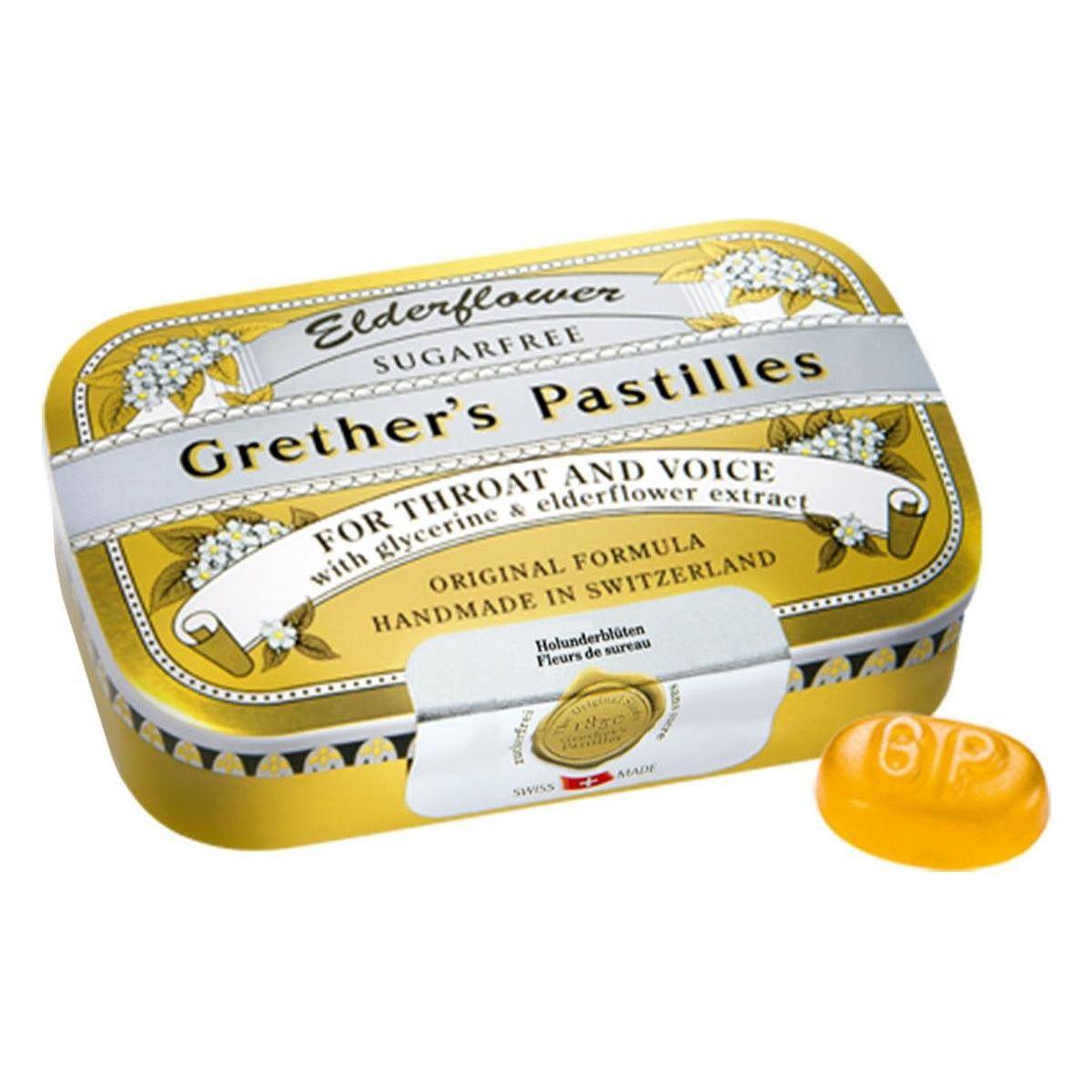 Sugar-free elderflower Lozenges by Grether's Pastilles, 24 lozenges in a clear package, ideal for soothing throat and freshening breath.
