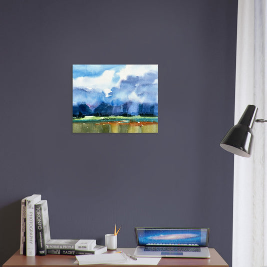 Landscape watercolor print of tranquil mountain view by Barbara Cleary on museum-quality matte paper, created by Gelato.