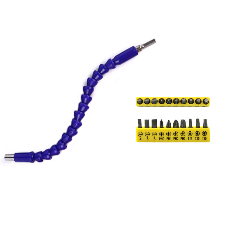 Flexible shaft drill bit holder with black bendable shaft and hex shank adapter